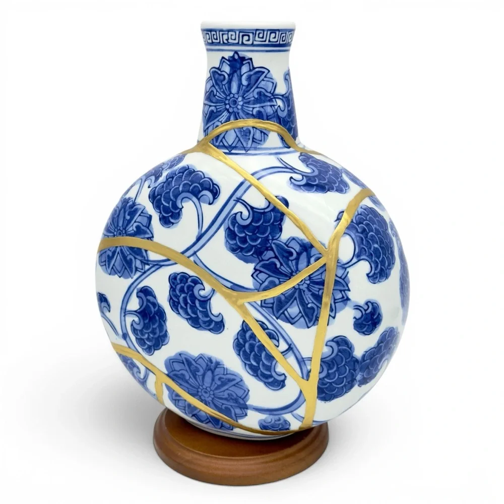 Kintsugi Vase Chinese Porcelain Moon Flask Gold Crack Art Personal Growth Gift - Picture 4 of 14